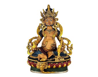 8-Inch Yellow Jambhala, Buddhist Handmade Statue, Thangka Color Finishing, Partly Gold Plated