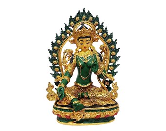 4-Inch Green Tara, Buddhist Miniature Statue, Thangka Color Finishing, Face Painted