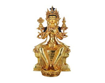 11-Inch Maitreya Buddha, Buddhist Handmade Statue, Full Gold Plated, Face Painted