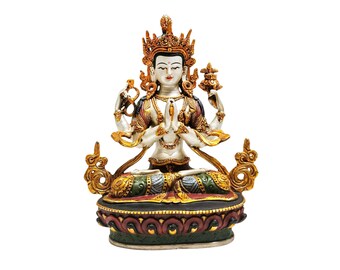 9-Zoll-Chenrezig, buddhistische handgemachte Statue, Thangka-Farbveredelung, teilweise vergoldet