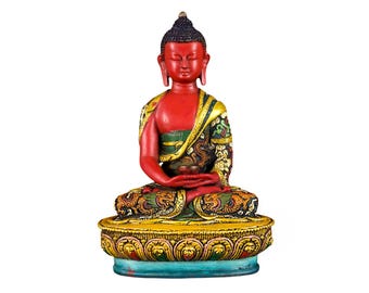 8-Inch AMITABHA BUDDHA, Buddhist Handmade Statue, Thangka Color Finishing, Face Painted