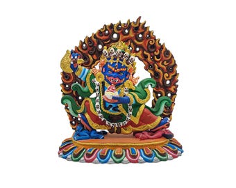 5-Zoll-Kajupa, Mahakala Schwarzer Umhang, buddhistische Miniaturstatue, Thangka-Farbveredelung