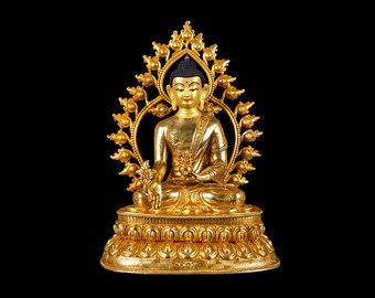 12-Inch Medicine Buddha, Buddhist Handmade Statue, Full Gold Plated, Face Painted