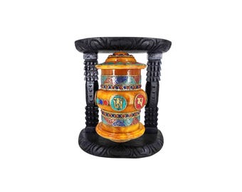 9-Inch Buddhist Handmade Wall Prayer Wheel With Mantra Inside, Stone Setting, OMPH, Wall Mountable