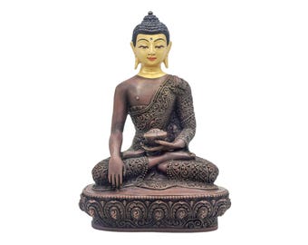 7-Inch Shakyamuni Buddha, Buddhist Miniature Statue, Chocolate Oxidized, Face Painted