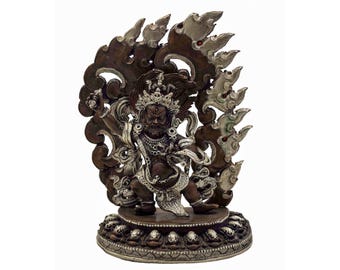 6-Inch Vajrapani, Buddhist Handmade Statue, Silver And Chocolate Oxidized