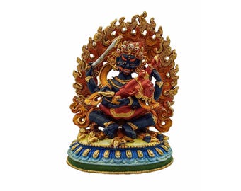 4-Zoll-Mahakala mit vier Armen, buddhistische Miniaturstatue, hohe Qualität, traditionelle Farbveredelung, hohe Qualität