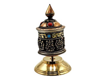 5-Inch Buddhist Metal Prayer Wheel Table Top, OMPH Mantra With Ashtamangala Symbols