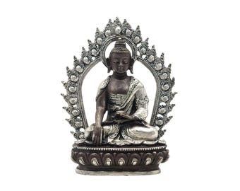 4-Inch Shakyamuni Buddha, Buddhist Miniature Statue, Silver And Chocolate Oxidized