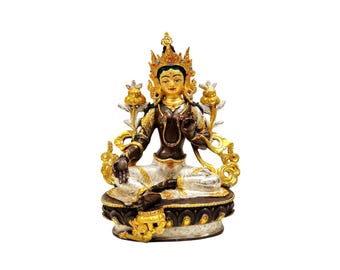 Handmade Green Tara Statue, Copper, Stone Setting, 9-Inch