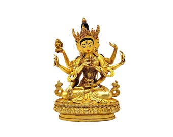 4-Zoll Namgyalma, buddhistische Miniaturstatue, voll vergoldet, Gesicht bemalt