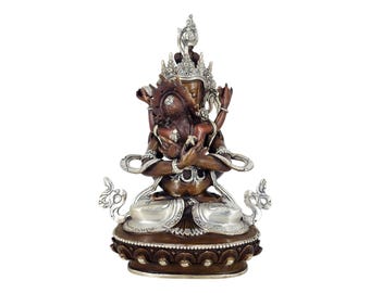 9-Zoll-Vajradhara Primordial Buddha Shakti Yab Yum Statue Kupfer mit Silber und Schokolade oxidierten Finish