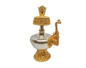 8-Zoll-buddhistische handgemachte Bhumpa- Bhumba Kupfer Opferschale Set, versilbert und vergoldet