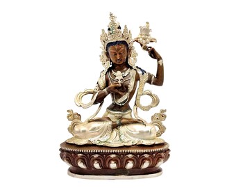 6-Inch Jhyama, Buddhist Miniature Statue, Silver And Chocolate Oxidized