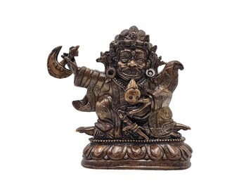 6-Zoll-Kajupa Mahakala, buddhistische Miniaturstatue, Schokolade oxidiert, antikes Vollenden