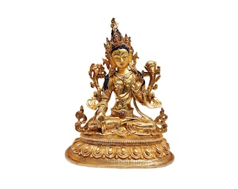 Handmade White Tara Statue, Gold Plated Buddhist Figure, 9-Inch