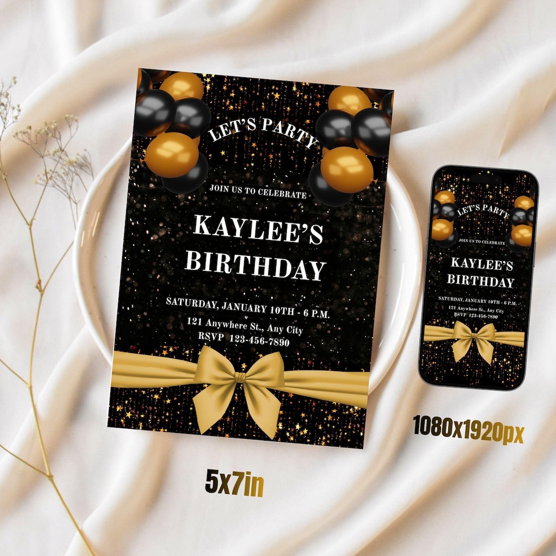 Editable Black & Gold Birthday Invitation for Women, Gold Glitter Bday ...