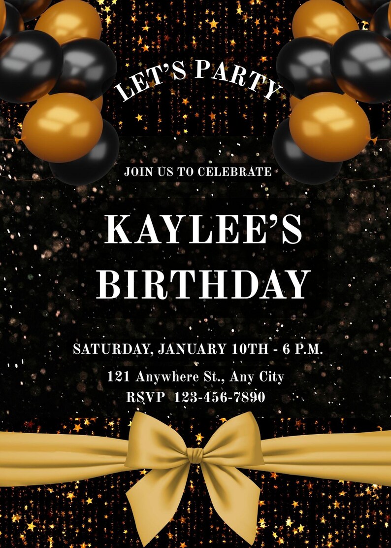 Editable Black & Gold Birthday Invitation for Women, Gold Glitter Bday ...