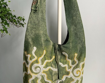 Hand Embroidered Sun Tote Bag – Boho Canvas Festival Beach Purse (Adjustable Strap)