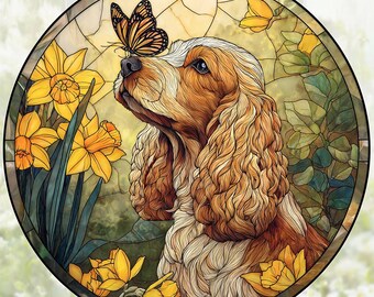Cocker Spaniel Suncatcher: Cocker Spaniel med fjäril, fönsterhängande konst, blommig husdjursminnesgåva, vårinredning, present till honom, henne, mamma, pappa