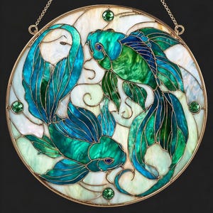 May include: A round stained glass panel featuring two koi fish in shades of teal and green, with a white background. The fish are surrounded by green and blue accents and embellished with green jewels. A gold chain is attached for hanging.