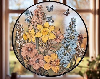 Custom Family Birth Flowers Stained Glass Suncatcher, Personalized Mom's Garden Gift, Birth Month Flower Glass Art Gift, Mother's Day Gift