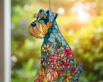 Miniature Schnauzer Suncatcher Floral Schnauzer ACRYLIC Suncatcher Dog Window Decor, Schnauzer Lover Gift, Colorful Dog SunCatcher  (2D)