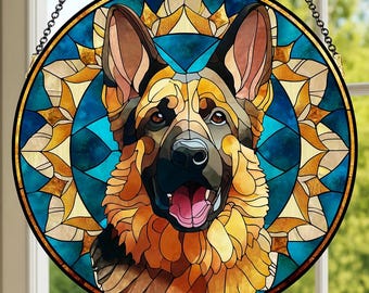 Tri-Color German Shepherd: Stained Glass Style Window Hanging, Dog Suncatcher, Dog Home Decor, Window Hanging, Gift For Dog Lover,Dog Lovers
