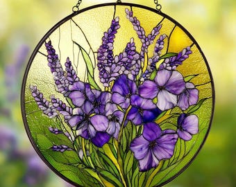 Lavender and Violet Flower Stained Glass, Lavender Window Hanging