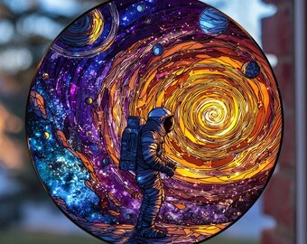 Outer Space Planet Astronaut Stained Glass Suncatcher Window Hanging, Galaxy Room Accent or Unique Gift for Sci-Fi Lovers, Magical Gift