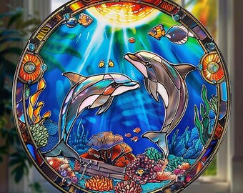 イルカのステンドグラスのサンキャッチャー：海のアート窓飾り - Etsy 日本