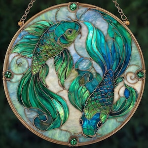 May include: Round stained glass art piece featuring two koi fish in shades of teal and green. The fish are surrounded by a swirling water design with a gold-colored metal frame and green jewel accents.