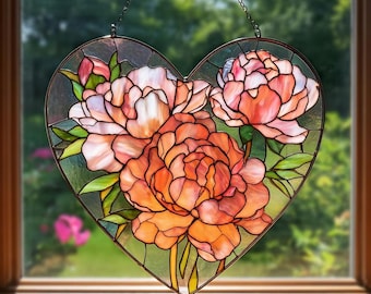 ステンドグラスの牡丹サンキャッチャー：手作りの花飾り窓飾り - Etsy 日本