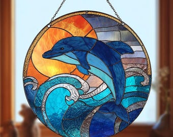 イルカのステンドグラスアートパネル - 海の波のデザイン円形窓掛け