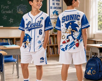 Gepersonaliseerde Sonic eersteklas honkbaltrui, aangepast schoolshirt voor kinderen, terug naar school-outfit, cadeau eerste schooldag