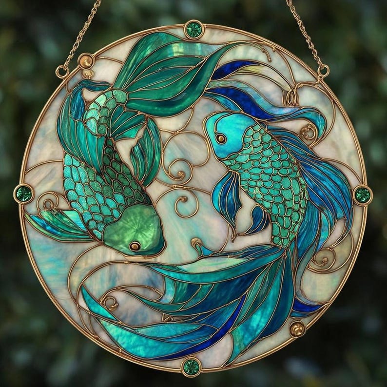 May include: A round stained glass art piece featuring two stylized fish in shades of teal and green. The fish are set against a pearlescent background with gold-colored accents and green jewel embellishments. A gold chain is attached for hanging.