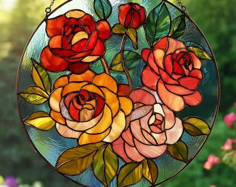 薔薇の花　ステンドグラス　パネル　サンキャチャー バラのステンドグラスサンキャッチャー、エレガントな花柄の窓飾り