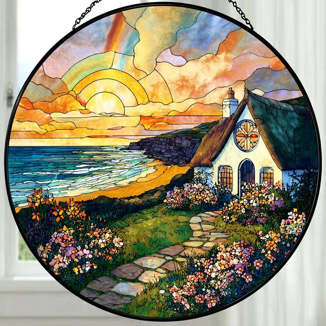 Irish Window Topper Irish Farmhouse Stained Glass Suncatcher Countryside, Celtic Cottage ...