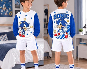 Gepersonaliseerd Sonic-sweatshirt voor kinderen, Sonic the Hedgehog-trui met ronde hals, Sonic-sweatshirt op maat voor jongens, Sonic-verjaardagscadeau, Sonic-kerstcadeau