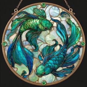 May include: A round stained glass window featuring two koi fish in shades of green and blue. The fish are set against a backdrop of white and light blue glass, with a gold-colored metal frame and green gemstone accents.