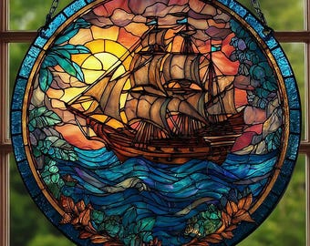 海の波と青い空を描いたステンドグラスの帆船パネル、航海用の窓や壁の