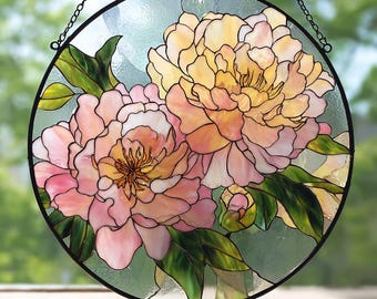 Peony Flower Stained Glass Suncatcher/Peony Window Hanging/Peony Gifts for Mom/Unique Botanical Art Window Hanging/Nature Inspired Art