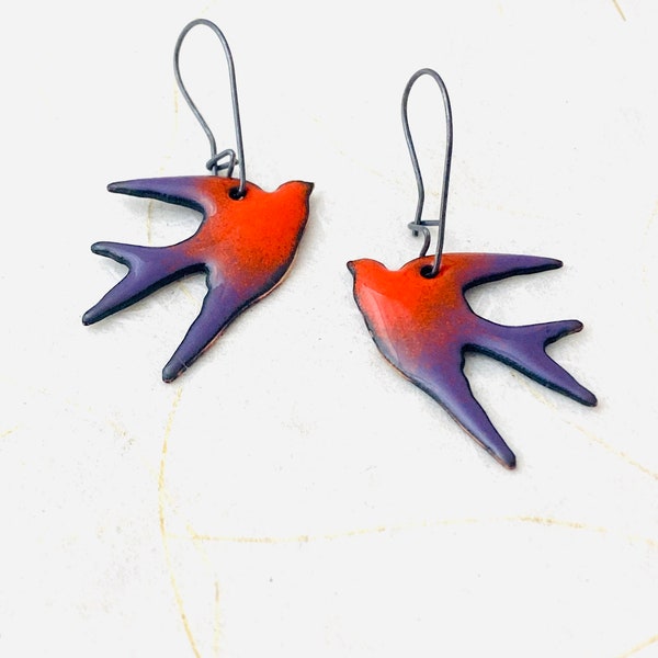 Swallow Earrings, Purple & Flame Orange Enamel  Earrings, Summer Earrings, Bird Earrings, Glass Earrings, Dangle Earrings, Cute Earrings