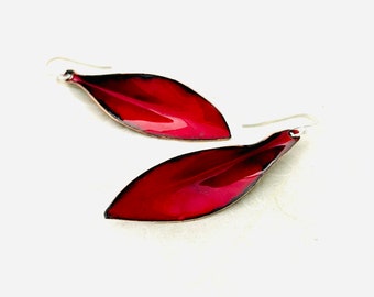 Large Leaf Earrings, Flame Red Enamel Hand Formed Copper Earrings, Handmade Earrings, Statement Earrings, Gift For Her, Leaf Jewelry