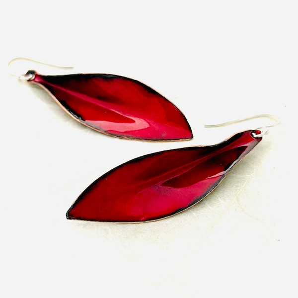 Large Leaf Earrings, Flame Red Enamel Hand Formed Copper Earrings, Handmade Earrings, Statement Earrings, Gift For Her, Leaf Jewelry