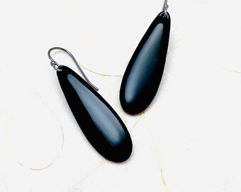 Long Teardrop Earrings, Black Enamel Earrings,  Minimalist Earrings, Dangle Earrings, Black Earrings, Women’s Earrings, Classy Earrings