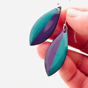 Iris Purple And Spruce Green Enamel Dangle Earrings, Sterling Silver Earwires