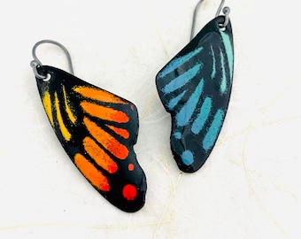 Butterfly Earrings, Rainbow Enamel Monarch Butterfly Wing Earrings, Pride Earrings, Statement Earrings, Colorful Earrings, Gift Earrings