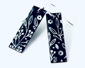 Small Rectangle Earrings, Black Enamel Earrings, Handmade Earrings, Botanical Earrings, Made To Order