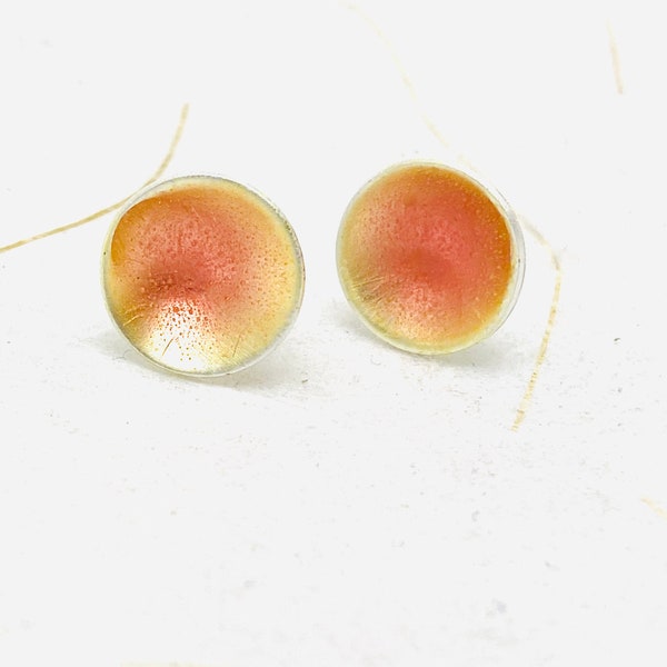 Stud Earrings ~ 7/16” Grapefruit Enamel Minimalist Silver Post Earrings, Grapefruit Earrings, Womens Earrings, Cute Earrings, Small Earrings